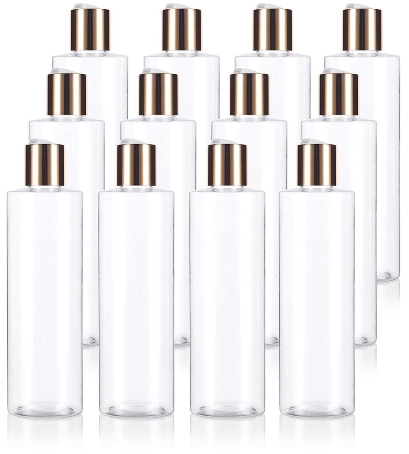 8 oz Clear Professional Cylinder PET Plastic Bottles (BPA Free) with Gold Disc Cap Lid (12 pack)