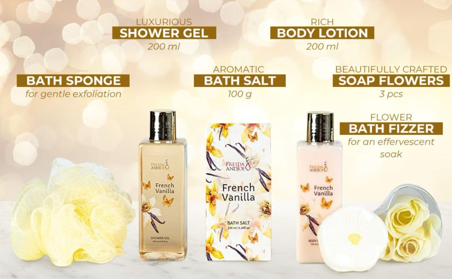 Elegant Bath Set in High Heel Shoe – Luxurious Spa Gift Basket for Women, Includes Shower Gel, Body Lotion, Bath Salts, Soap Flowers, Bath Fizzer & Sponge (French Vanilla) – Mother's