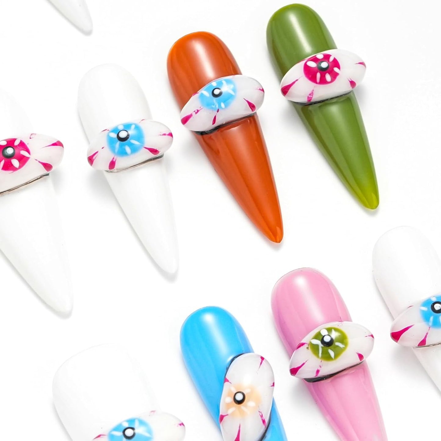 Colorful Handmade Press-On Stiletto Nails with 3D Devil Eyes - 10 Pcs Set for Women