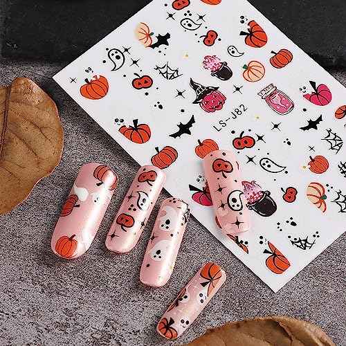Halloween Nail Art Stickers Cute Ghost Pumpkin 3D Self-Adhesive Nail Decals Bat Cat Skull Designs Nail Decorations Halloween DIY Manicure Supplies for Women Girls&Kids 6Pcs