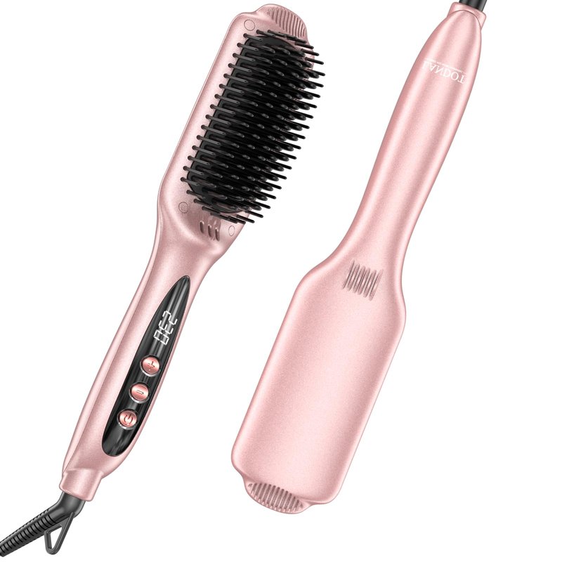 LANDOT Ionic Hair Straightener Brush – Ceramic Straightening Brush with 12 Heat Settings (250-450°F) for Smooth & Shiny Results, Ideal for Medium & Long Women Hair, Dual Voltage, Rose Gold