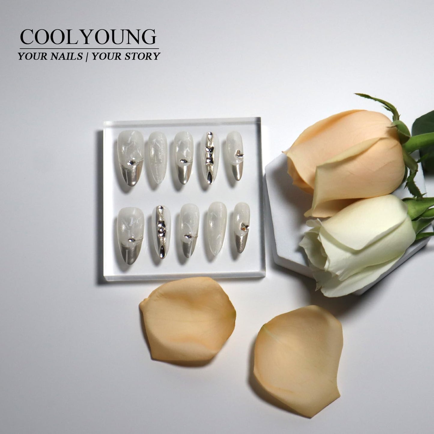 Blue Almond Press-On Nails - 10 PCS Handmade Acrylic Fake Nails for Women