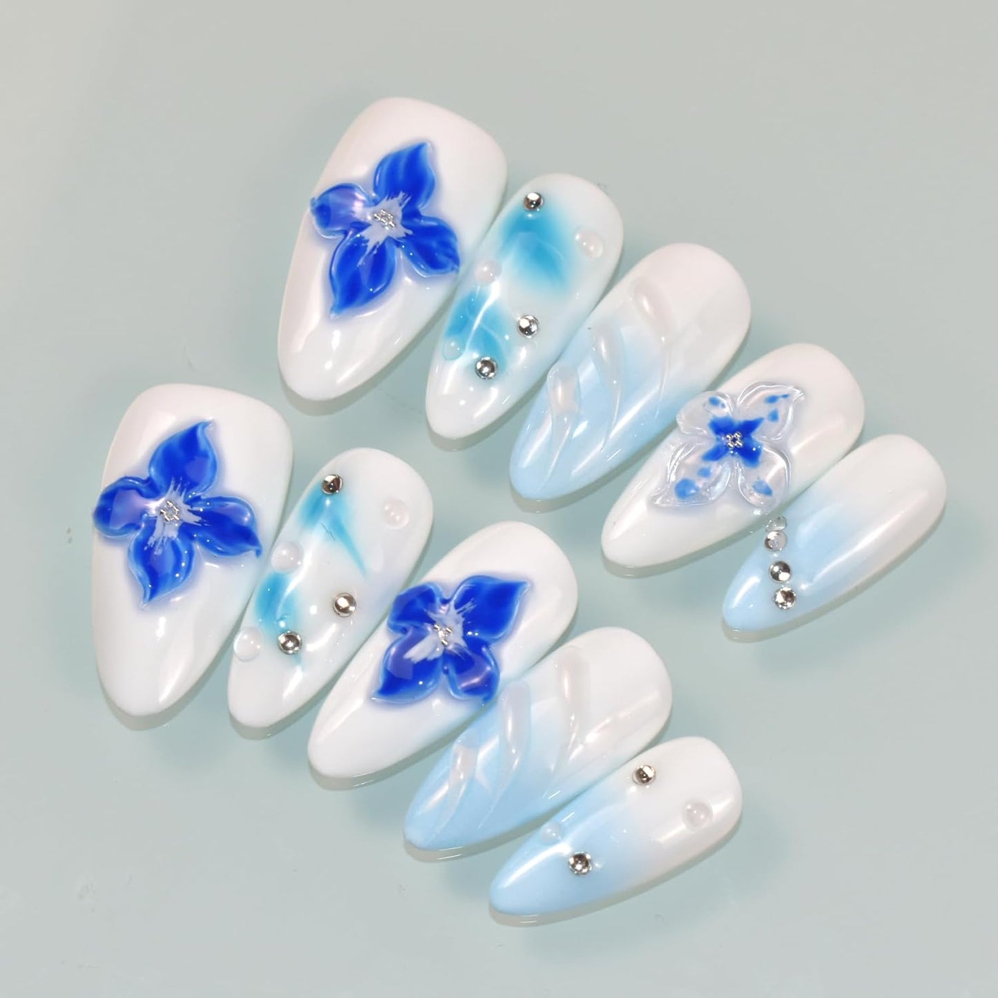 3D Blue Almond Press-On Nails with Carved Flower & Bubble Pearl - Handmade Acrylic Manicure, Medium Size