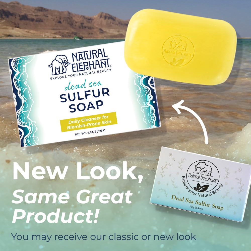 Natural Elephant Dead Sea Sulfur Soap 4.4 oz with Dead Sea Salt, Aloe Vera, Sulphur Face and Body Cleanser Bar for All Skin Types (6 Pack (26.4 oz Total))
