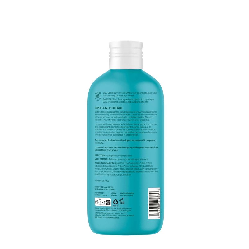 ATTITUDE Body Wash, EWG Verified Shower Gel, Dermatologically Tested, Plant and Mineral-Based, Vegan Personal Care Products, Extra Gentle, Unscented, 16 Fl Oz (Pack of 6)