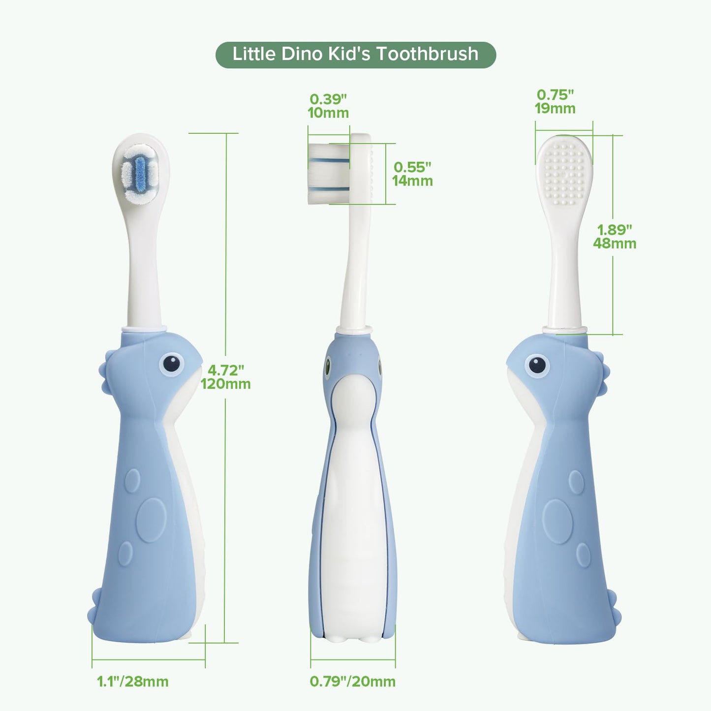 haakaa Dinosaur Toothbrush for Kids 2-4 – Soft Bristles Baby Toothbrush for Toddlers with Silicone Handle, Non-Slip Grip & Tongue Cleaner, BPA Free - Blue, 1 Count