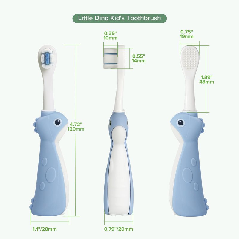 haakaa Dinosaur Toothbrush for Kids 2-4 – Soft Bristles Baby Toothbrush for Toddlers with Silicone Handle, Non-Slip Grip & Tongue Cleaner, BPA Free - Blue, 1 Count