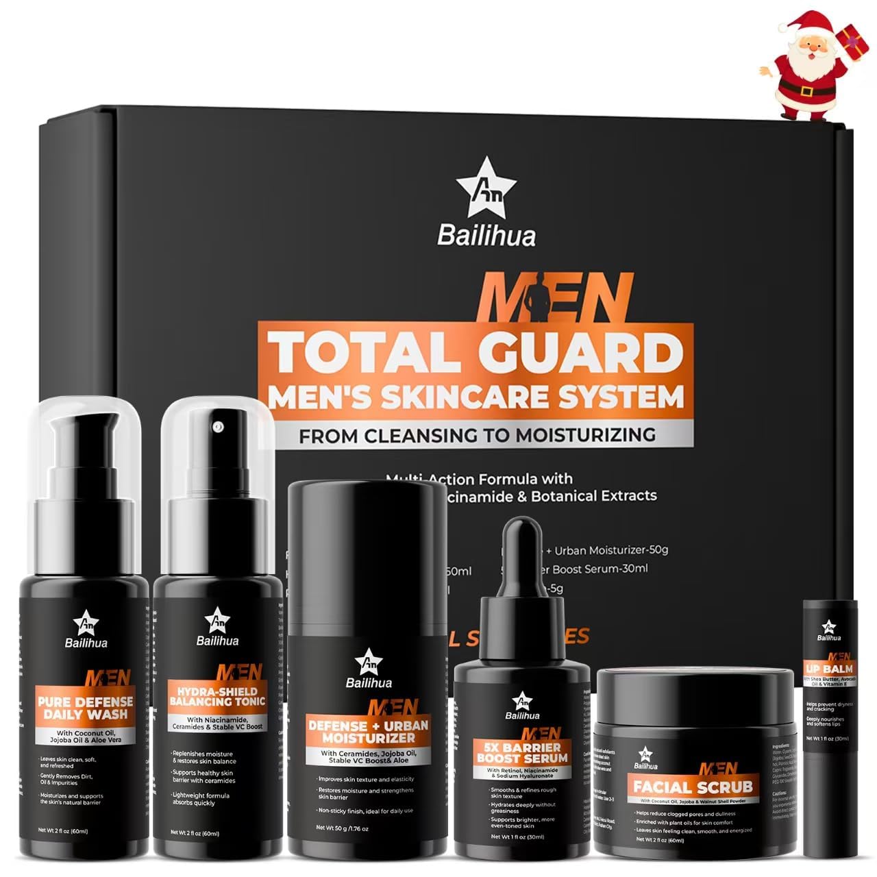 Gift for Men Skincare Men's Skin Care Facial Kit Complete Routine Kit with Niacinamide & Ceramides - Face Cleanser, Scrub, Toner, Serum, Moisturizer Cream, Lip Balm - Christmas, Valentine's Day Gifts