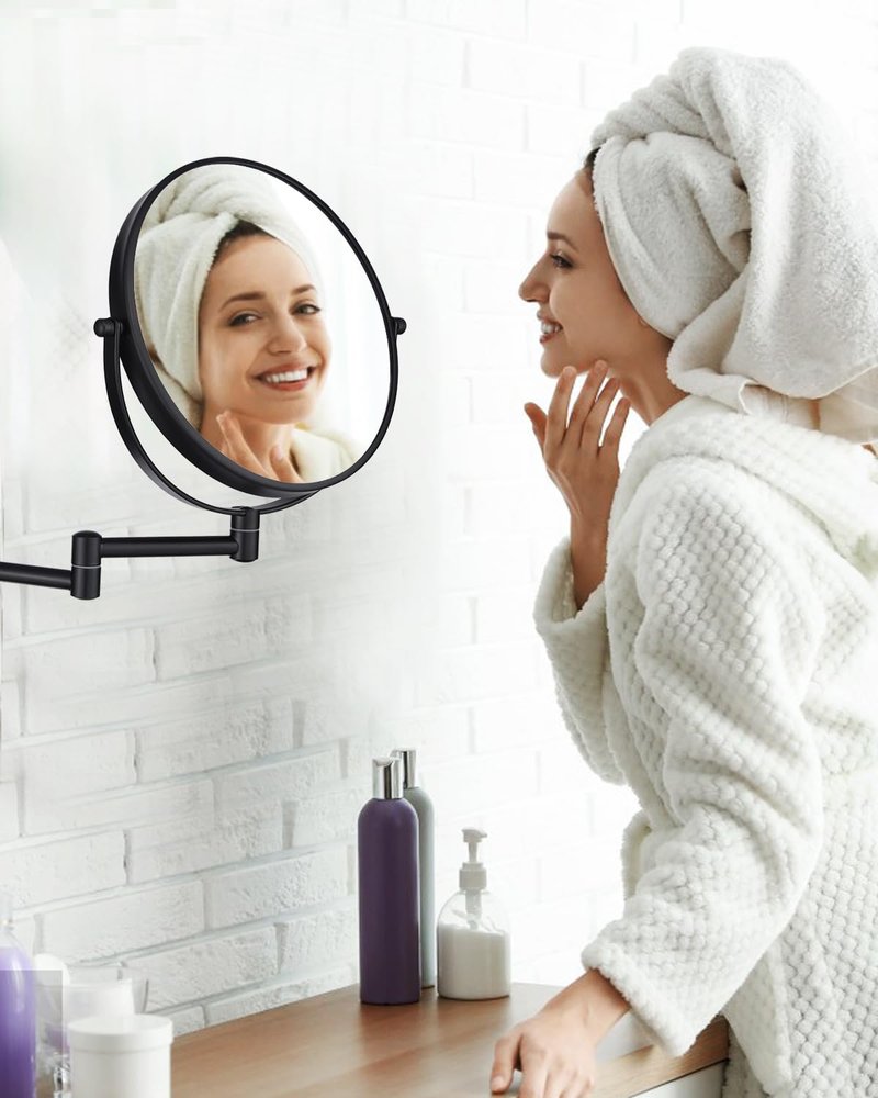 Wall Mounted Makeup Mirror - 8 Inch Double-Sided 1X/10X Magnification | 360° Swivel Extendable for Bathroom, Black