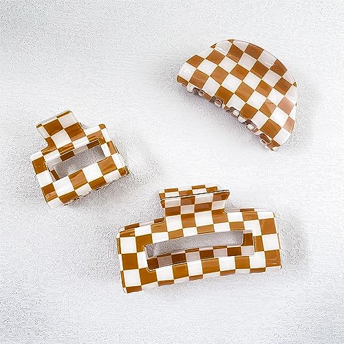 Brown & White Checkered Hair Clips, 3 Pack - Includes Square, Semicircle, and Rectangle Claw Clips for Thick or Thin Hair, Hair Accessories for Women and Girls