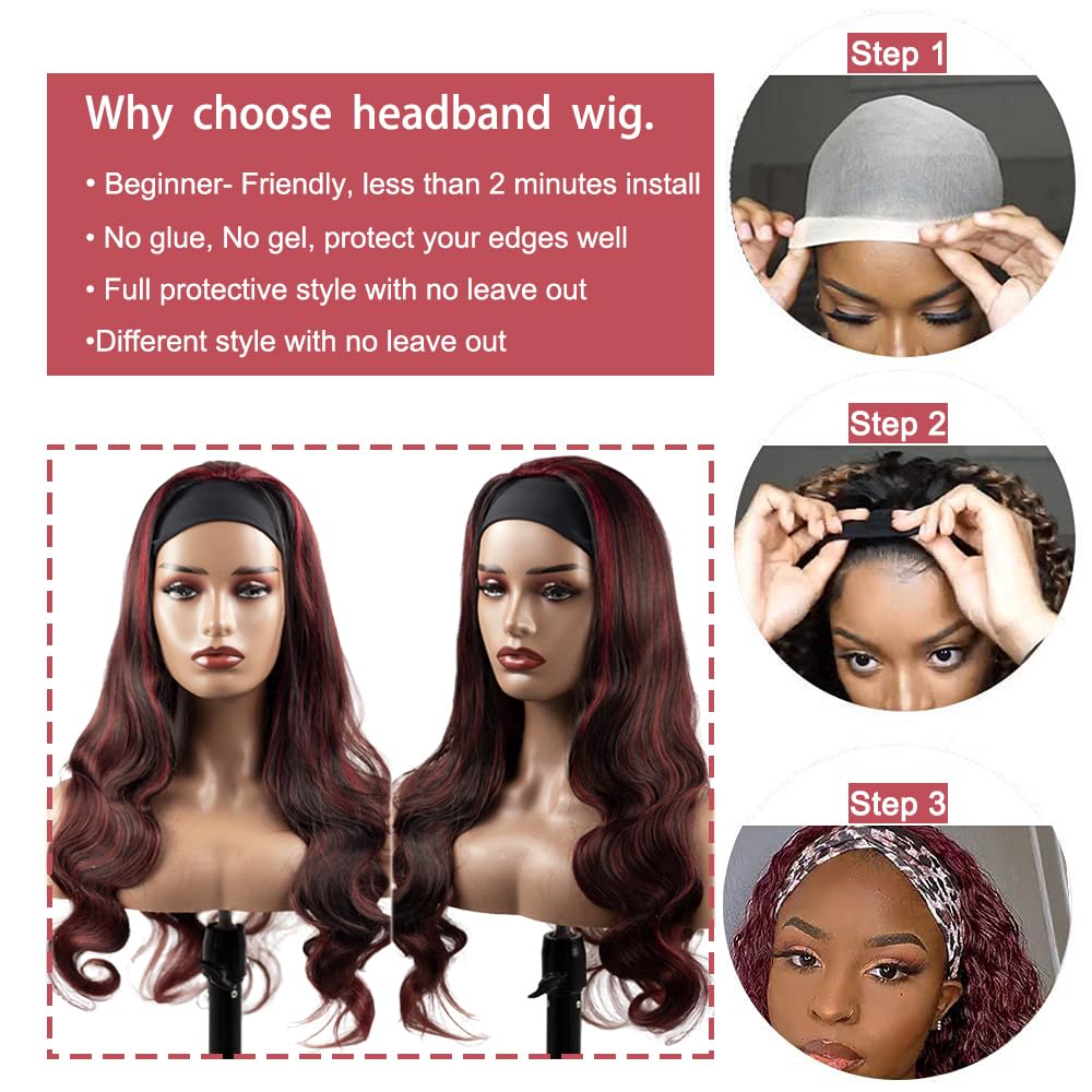 YiweYowe 22 Inch P1B99J Highlight Headband Wig Human Hair 150% Density Grade 8A Unprocessed Brazilian Virgin Hairs Machine Made Burgundy Body Wave Headband Wig Human Hair For Woman