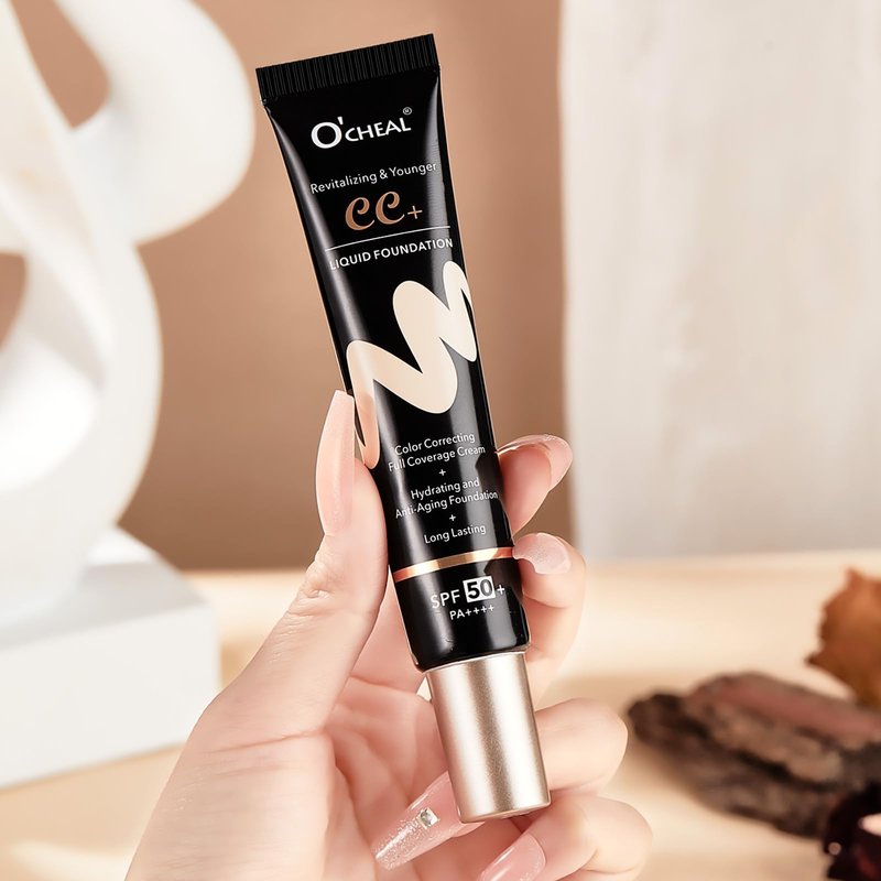 O'CHEAL CC Cream with SPF 50+, Hydrating Color Correcting Cream Full Coverage Lightweight Powder Foundation, Waterproof Long Lasting Pre-makeup Primer Facial Concealer Refine Skin Texture (Natural)