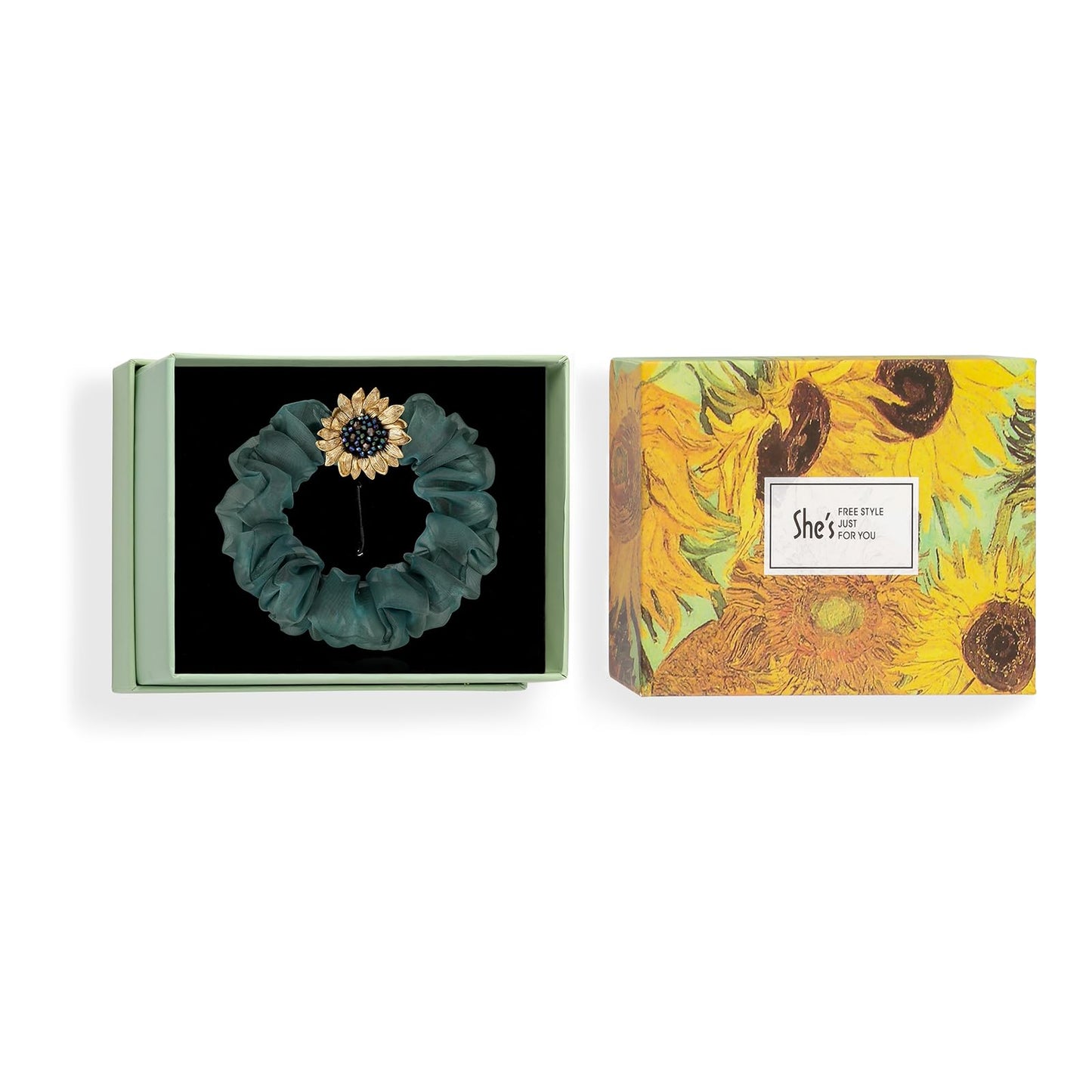 SHE'S FREE STYLE JUST FOR YOU Handmade Van Gogh Sunflower Beaded Crystal Hair Ties no damage, Elegant Sunflower hair Scrunchies, Floral ponytail holders gift for women girls (Navy blue)