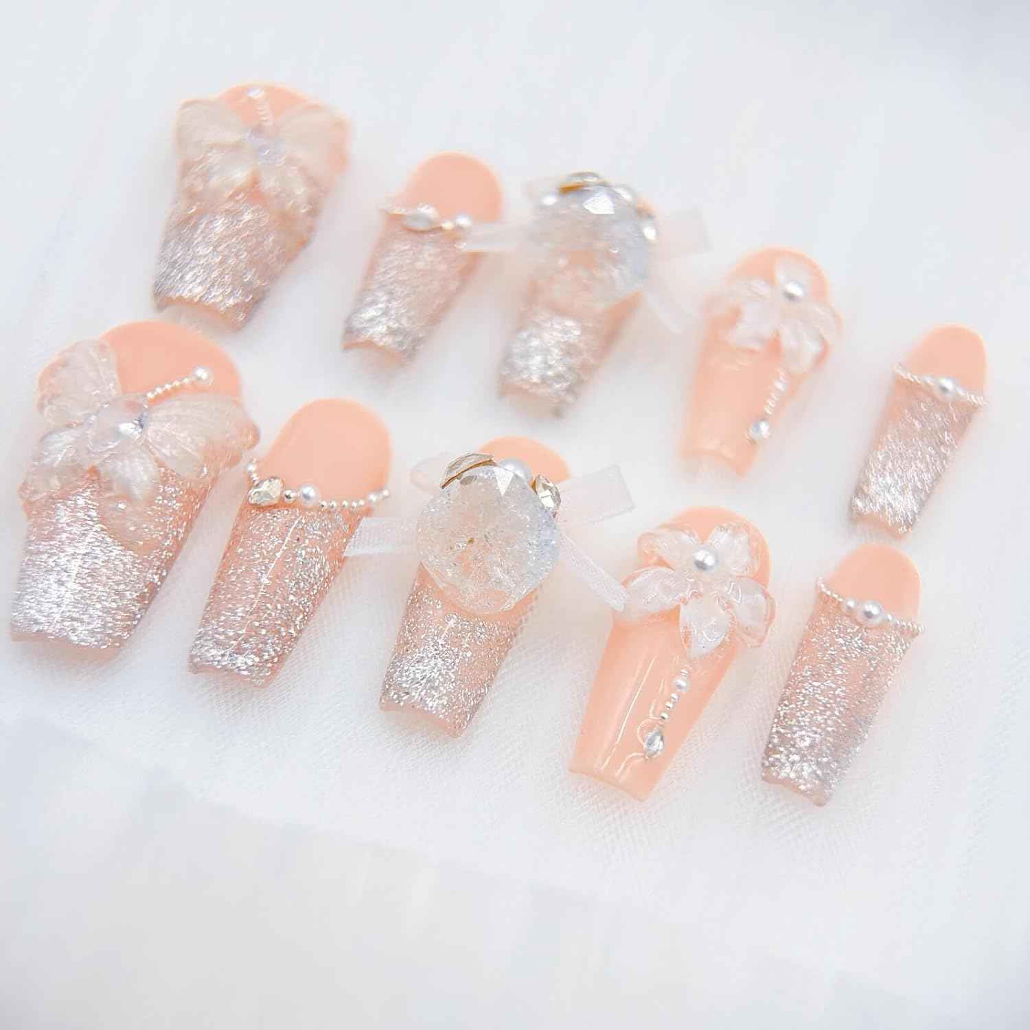 White Wedding 3D Flower Press-On Nails | Reusable Coffin Nails for Women - 20pcs (Pearl Romance, L)