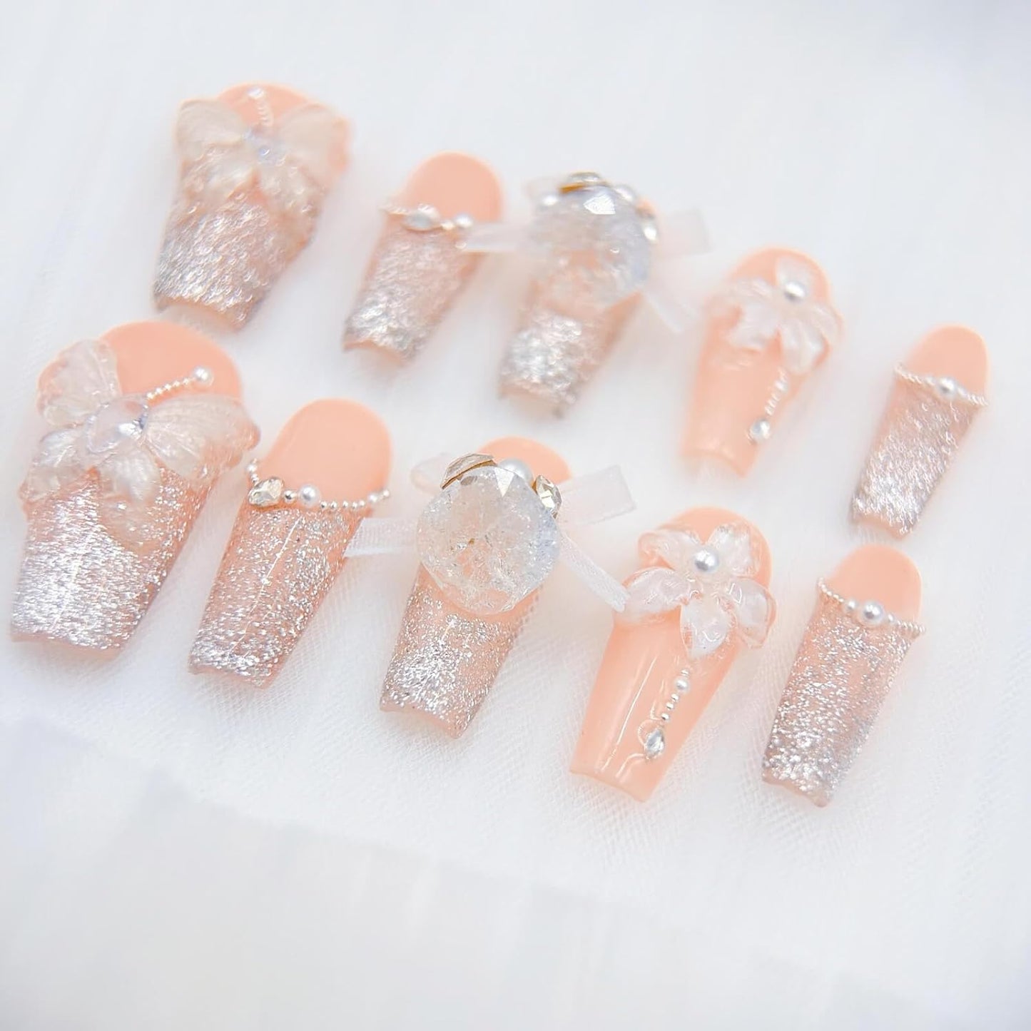 White Wedding 3D Flower Press-On Nails | Reusable Coffin Nails for Women - 20pcs (Pearl Romance, L)