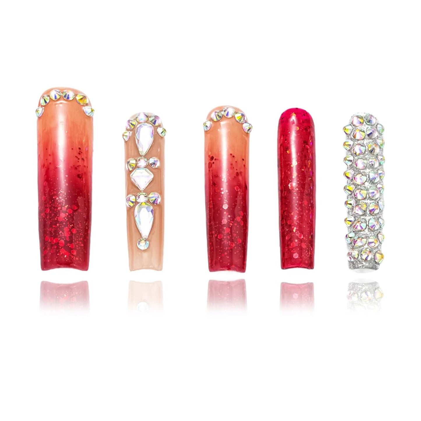Luxury Ombre Red Glitter Press-On Nails Set - Long Square Glue-On Nails with Full Gem Coverage for Women & Girls (10 Pcs, Red-M)