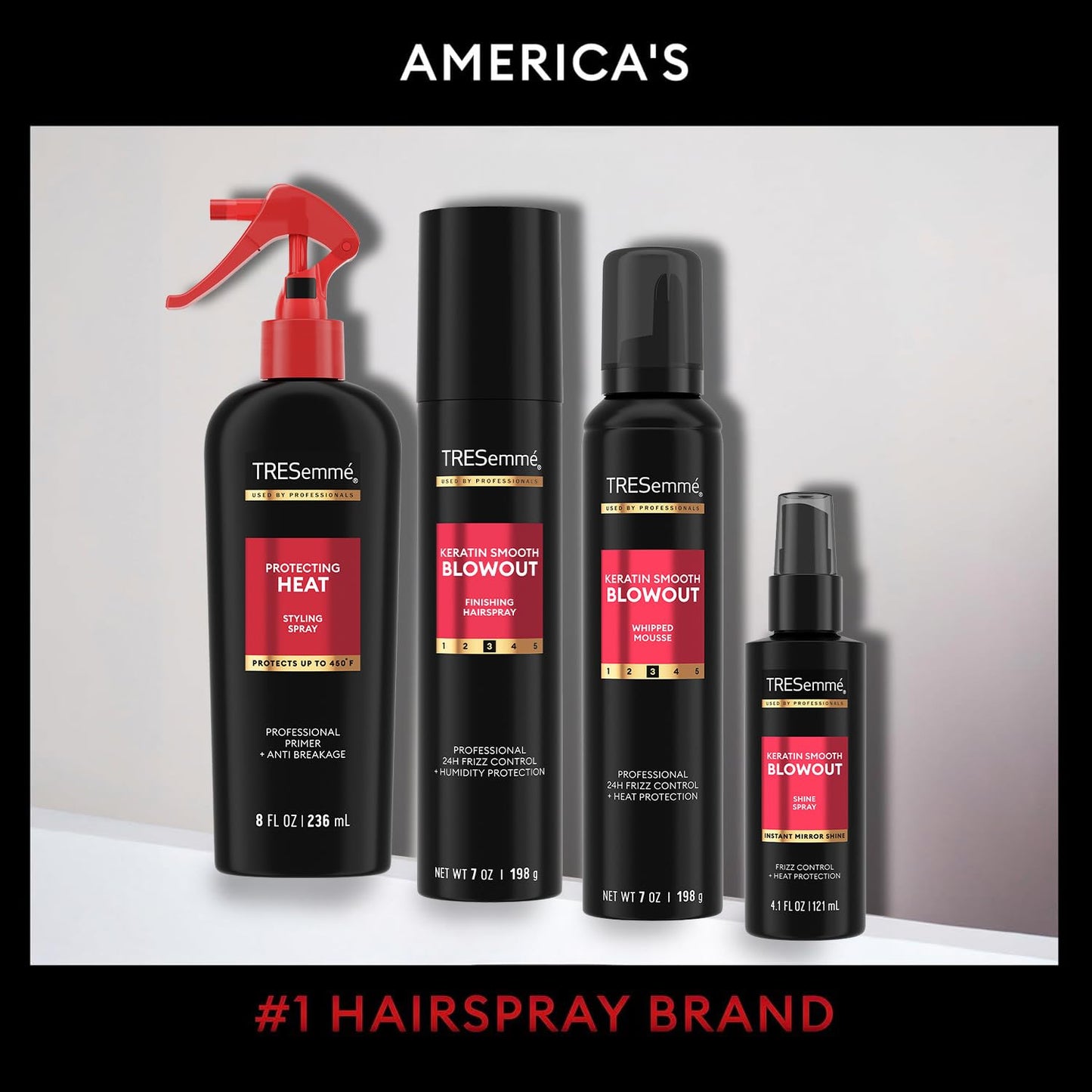 TRESemmé Keratin Smooth Blowout Hair Styling Bundle – Mousse + Finishing, Protecting Heat & Shine Sprays, Frizz Control
