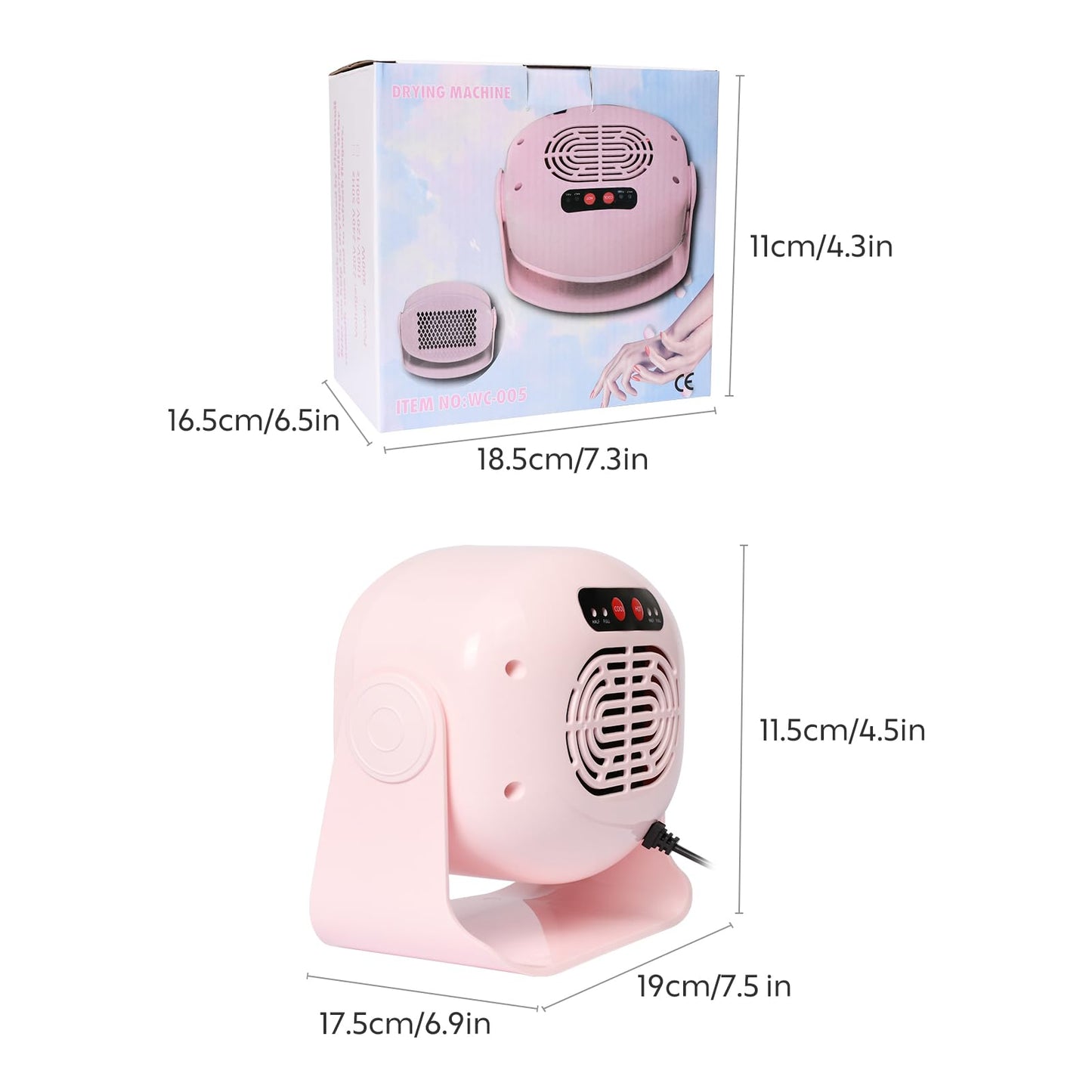 Rotatable Air Nail Dryer, 600W Warm & Cool Wind Blower Dryer for Regular Nail Polish, Multifunctional Nail Polish Fan Blow Dryer for Both Hands and Feet, Home and Salon Use No Harmful (Pink)