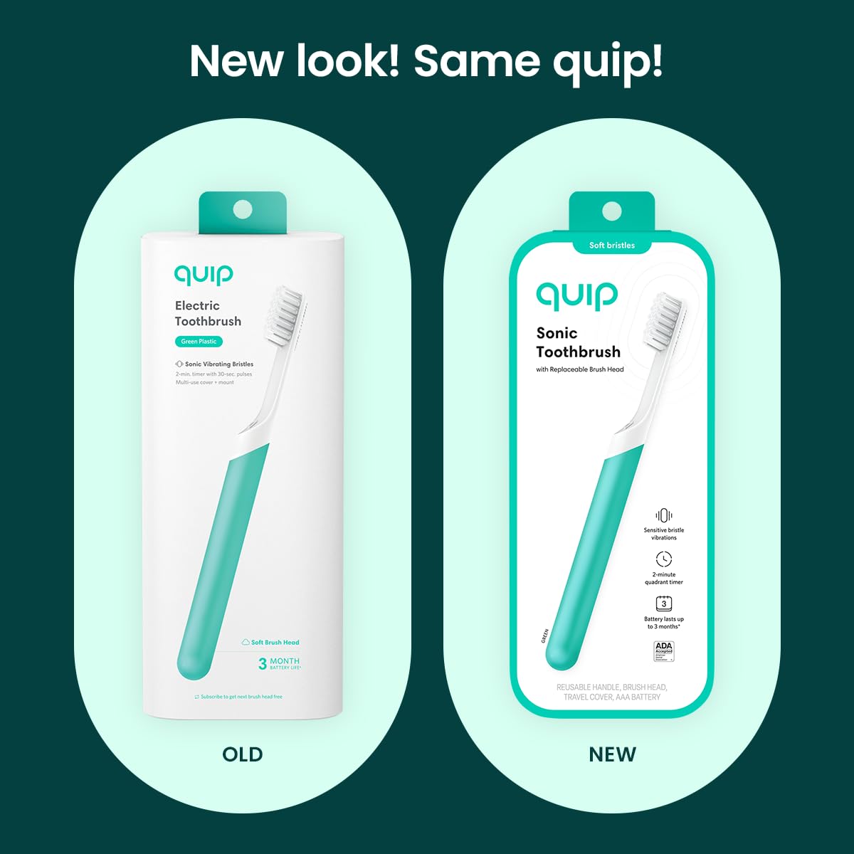 Quip Sonic Toothbrush for Adults - Timed Electric Toothbrush with Cover - Replaceable Brush Head, Soft Bristles, Plastic Handle, 3 Month Battery Life - Travel Toothbrush - Green