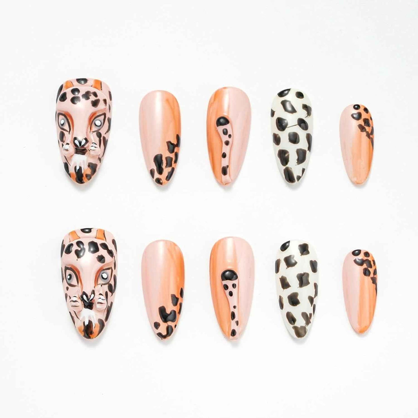 Nude Leopard Handmade Press-On Nails Set - Medium Almond Shape, 10 Pcs with Glue