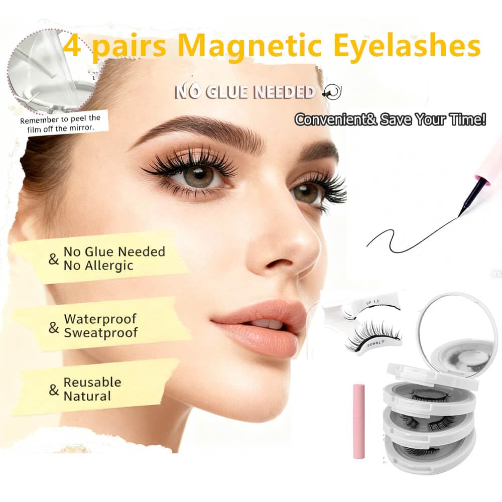 4-Pairs Magnetic Eyelashes with FREE Fixation Eyeliner - Include Natural Wispy Fluffy Fairy 4 Styles - Reusable Magnetic Eyelashes Natural Look with Applicator - Pestañas Magnéticas Naturales