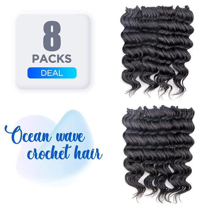 Ocean Wave Crochet Hair - 14 Inch Natural Black Curly Deep Wave Extensions | 8 Packs Synthetic Braiding Hair