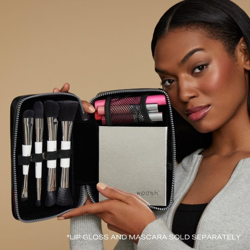 Woosh Fold out Case | Fashionable Makeup and Brush Case | Hard sided for travel and on to go | fits palette and brushes | Zips up for secure travel (Pink)