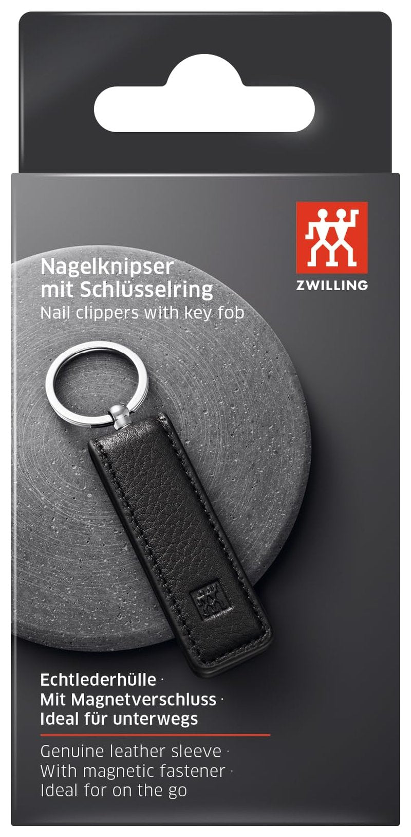ZWILLING Nail Clipper with Key Ring (leather case with magnetic closure, integrated nail file, slightly curved cutting edge), Premium, Black