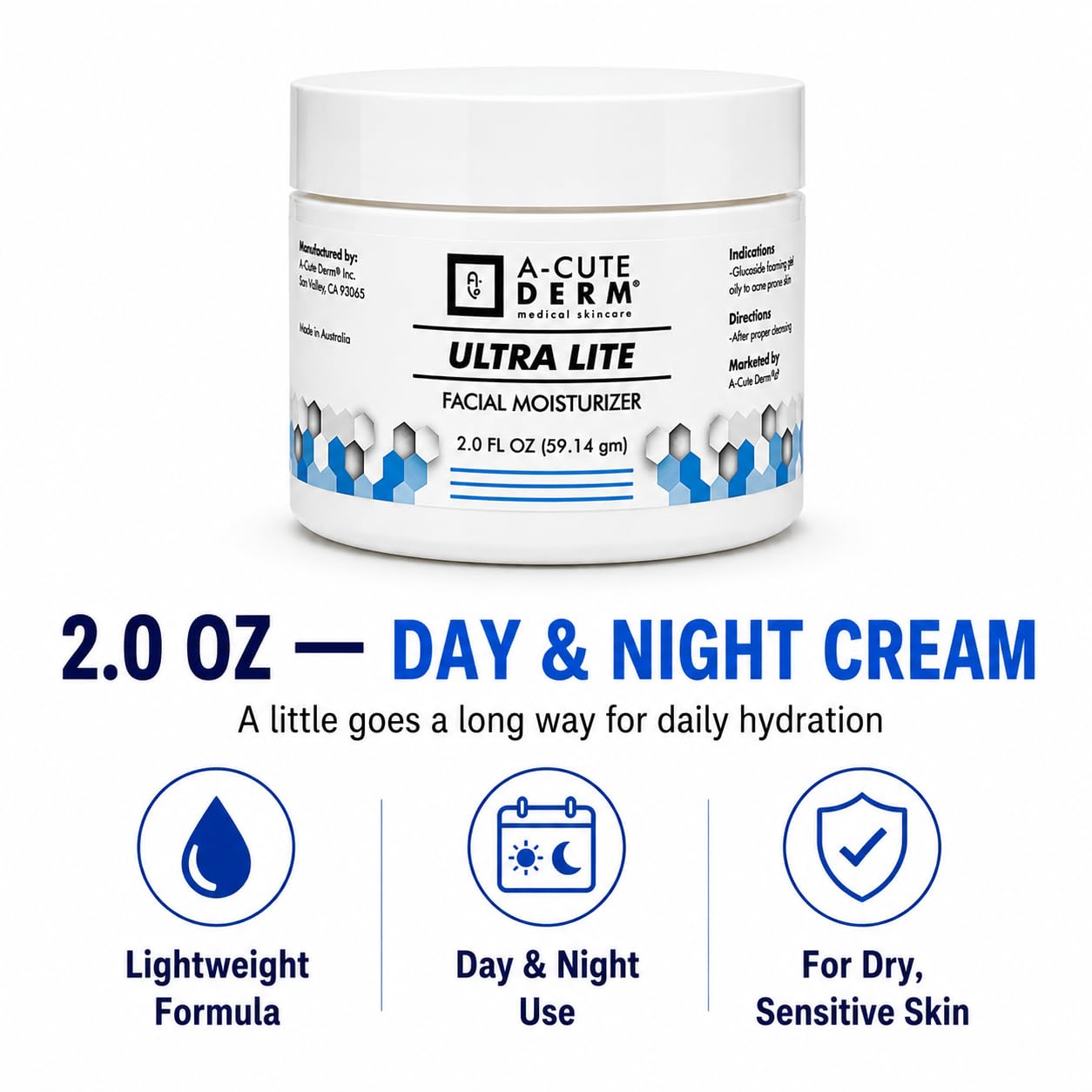 A-Cute Derm Ultra Lite Facial Moisturizer for Dry Skin | Helps in Soften and Rehydrate Skin | Day and Night Cream (2.0 oz)