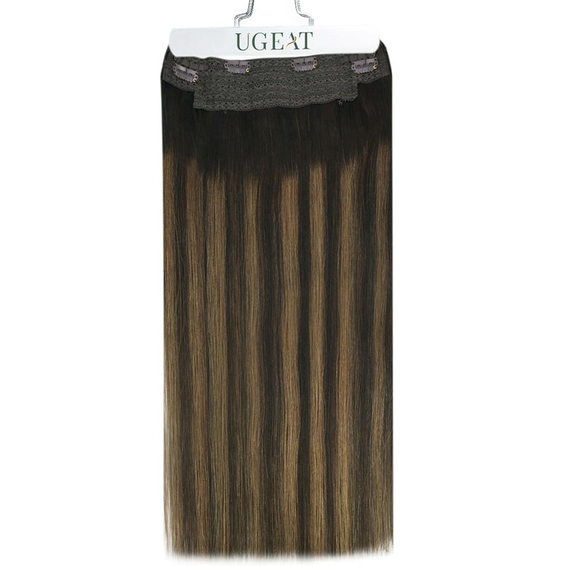 Ugeat Invisible Wire Hair Extensions Dark Brown Balayage Human Hair Extensions Invisible Wire Balayage Medium Brown Ombre Invisible Fish Line Hair Extension for Women Straight Hair 70g 14 inch