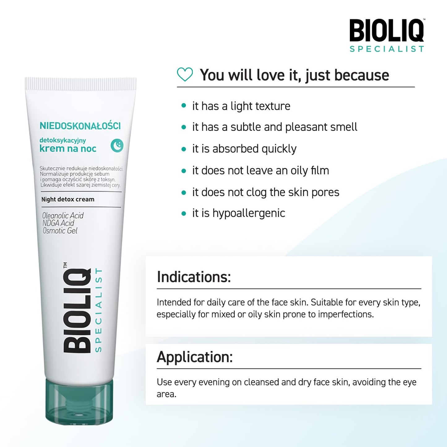 Bioliq - Specialist Night Detox Cream - for Imperfection-Prone Skin, Oleanolic Acid, NDGA, Osmotic Gel for Sebum Control and Toxin Cleansing - 30ml