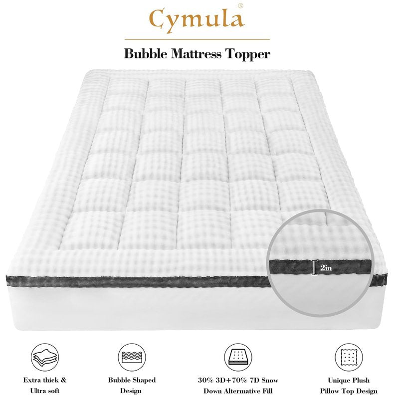 Cymula Queen Mattress Topper Fleece Bubble Pillow Top Mattress Pad Cover for Back Pain Faux Fur Extra Thick Mattress Protector Soft with Fluffy Down Alternative, 8-21" Deep Pocket, White