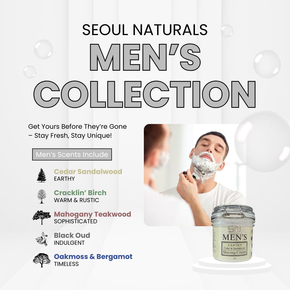 Seoul Naturals Cedarwood & Sandalwood Shaving Cream for Men – 100% Natural Handmade Shave Cream, Korean Beauty Inspired (K-Beauty), Smooth Traditional Wet Shave, 6 oz