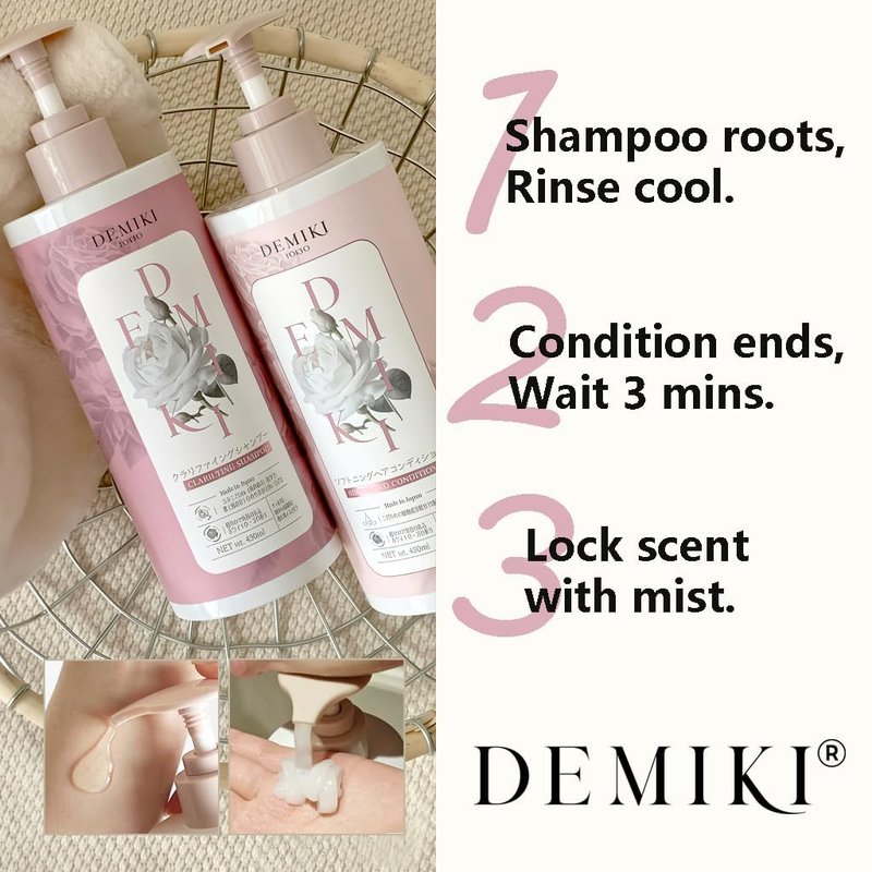 DEMIKI Shampoo for Women,Japanese Shampoo for Oily Hair, Keratin Care,Organic Rose Scent, Pink, Clarifying, Moisturizing, Anti Dandruff, Volumizing Hair Care, Sulfate Free & Paraben Free, 450ml,16oz