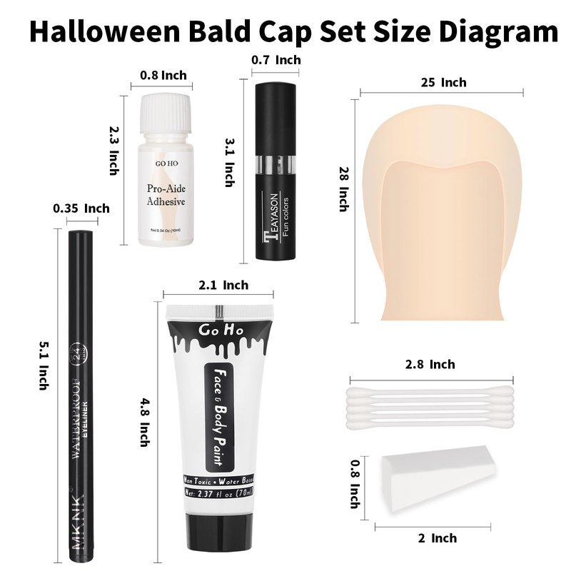 Go Ho Halloween Makeup Kit for Jack Cosplay Costume - Complete 8-Piece Professional Skeleton Makeup with Bald Cap,Pro-Aide Adhesive,White Body Paint,Black Lipstick,Black Eyeliner & Applicators