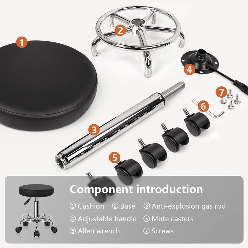KKTONER PU Leather Round Rolling Stool with Foot Rest Swivel Height Adjustment Spa Drafting Salon Tattoo Work Office Massage Stools Task Chair Cushion 14 inches (Black)