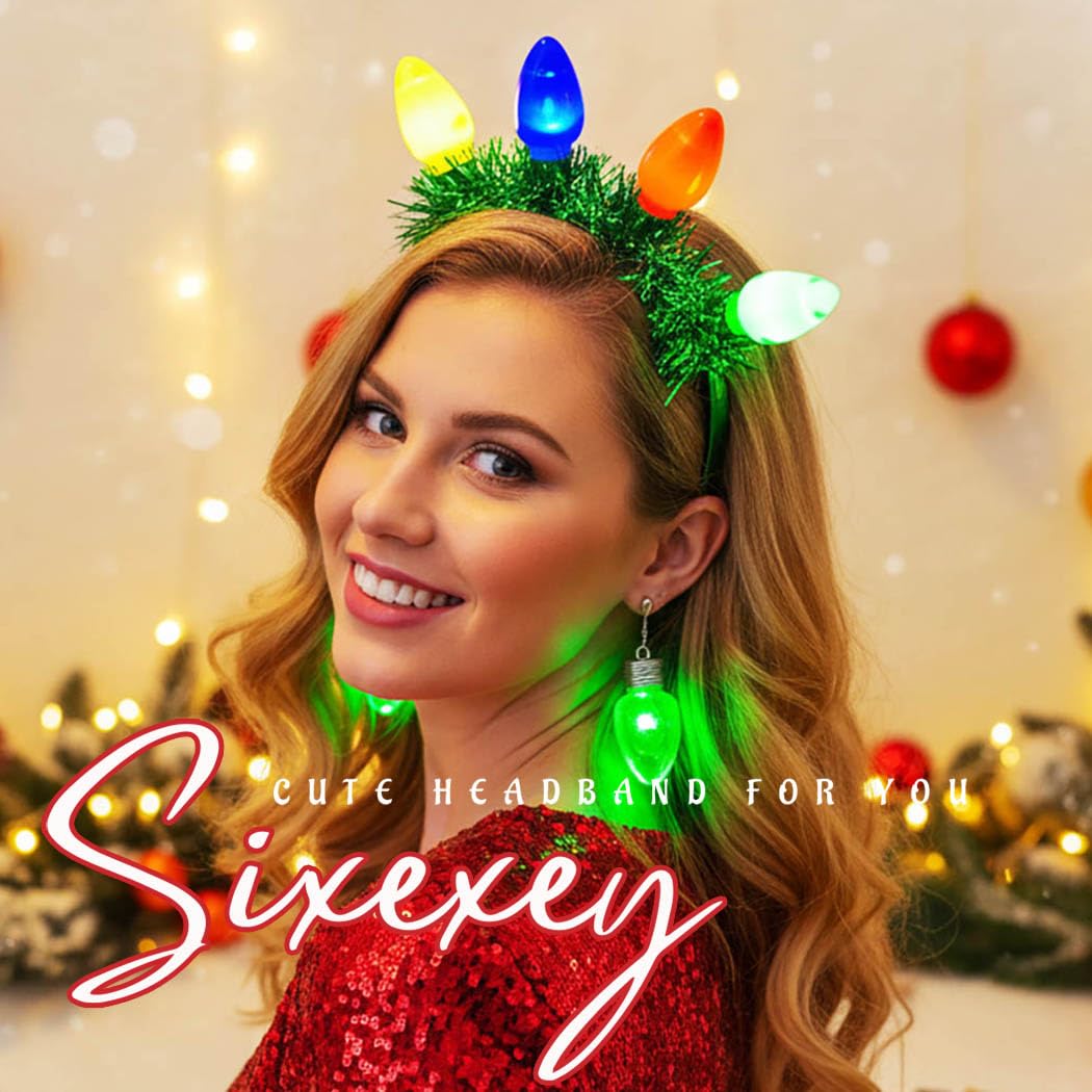 Sixexey Light Up Christmas Headbands LED Green Bulbs Headband for Women