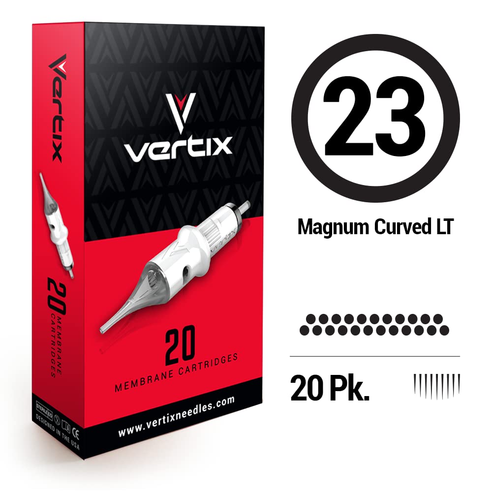 Vertix - 23 Magnum Curved - Pack of 20 Membrane Tattoo Machine Cartridges - Transparent Detachable Tip, Minimize Tattoo Pen Machine Vibration