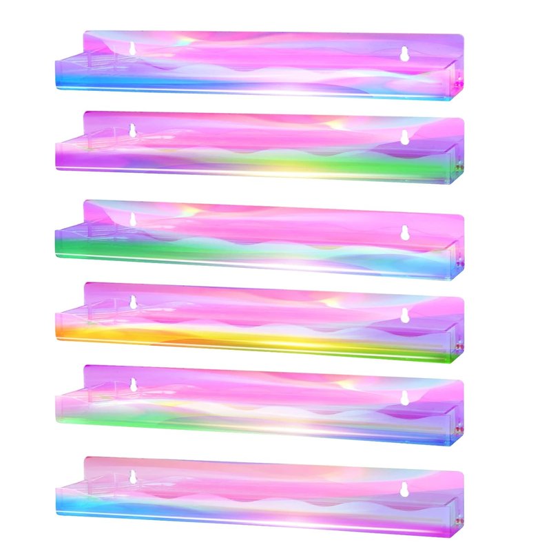 Iridescent Nail Polish Organizer - 6 Pack Acrylic Wall Rack for Makeup, Tattoo Ink & Essential Oils | 15" Rainbow Floating Shelves