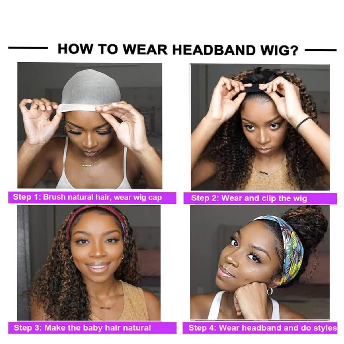 mmiQus Headband Wig Human Hair Water Wave None Lace Front Glueless Curly Wig With Pre-Attached Scarf For Black Women Put And Go Wig Natural Beginner-Friendly 14 Inch