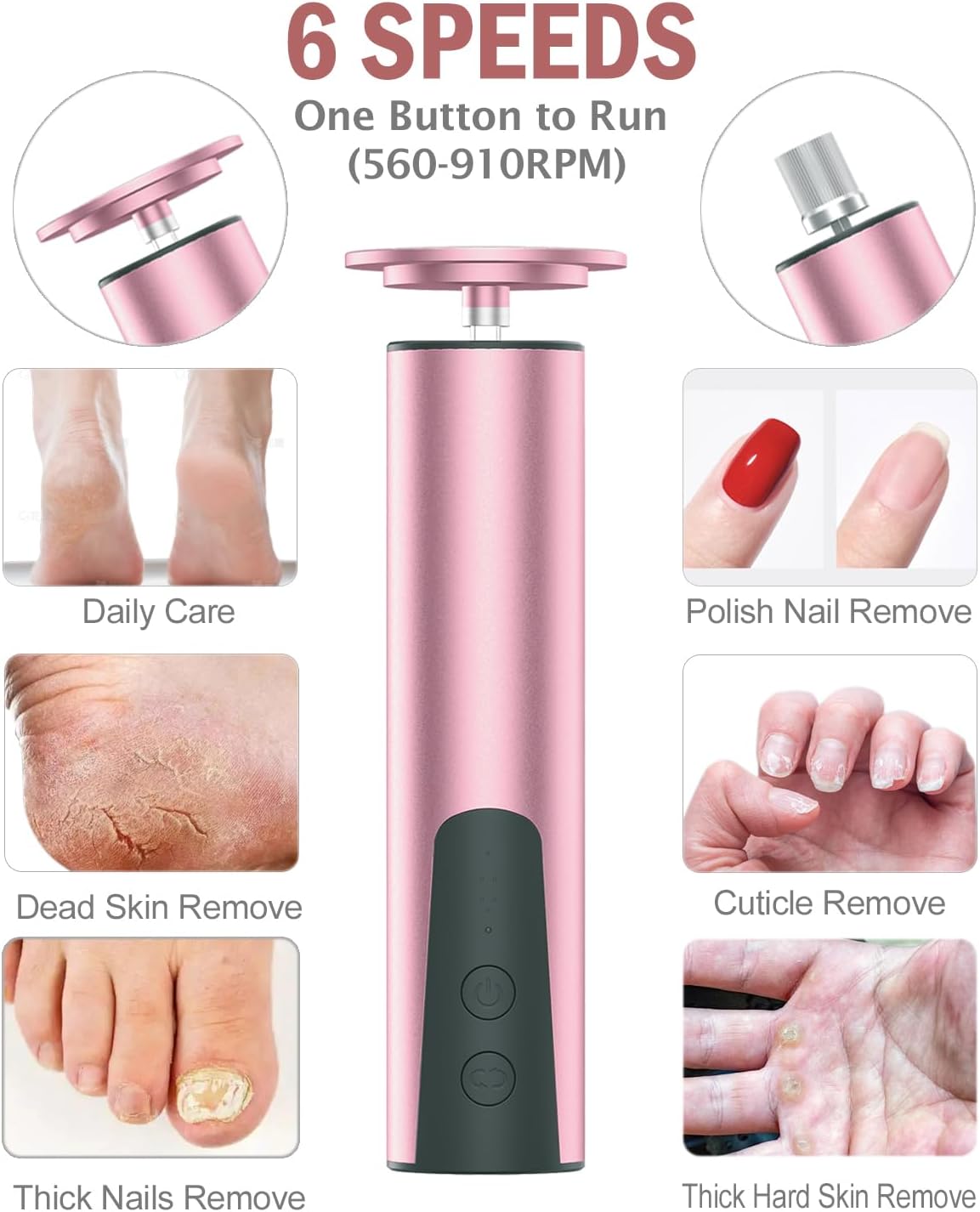 Rechargeable Electric Foot Callus Remover & Nail Drill - 2-in-1 Pedicure Tool for Cracked Feet, 6 Speed