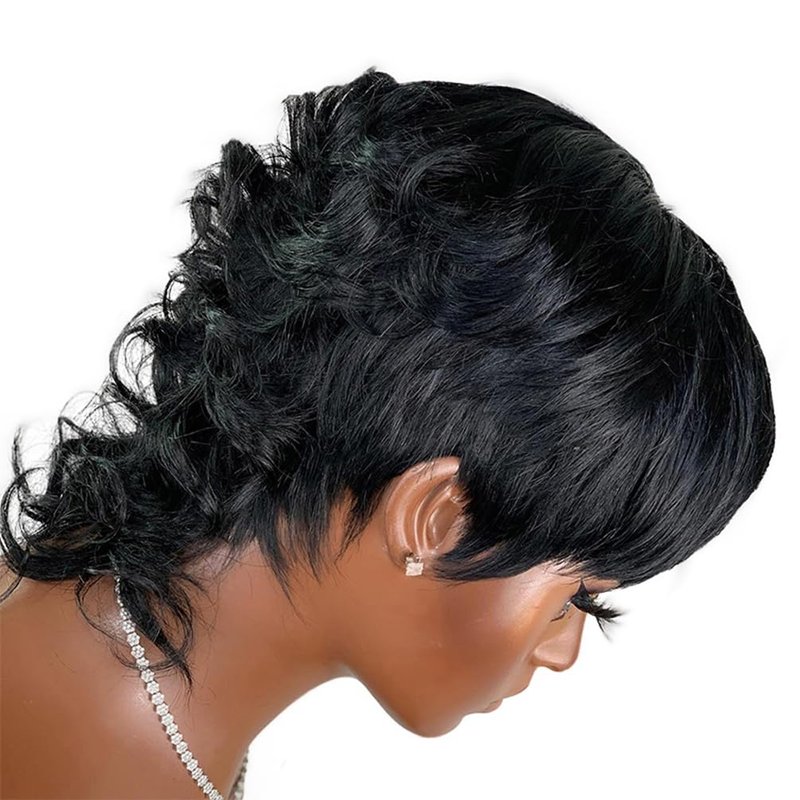 Msviki Mullet Full Machine Made Human Hair Wigs For Women Glueless Pixiecut Curly Wigs With Bangs Body Wave Brazilian 100% Virgin Human Hair Wig Dovetail Wear And Go Human Hair Wigs 180% Density