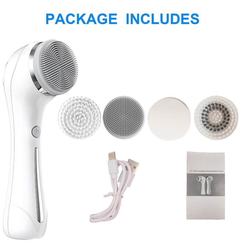 Facial Cleansing Brush, 2 in 1 Waterproof IPx7 Facial Spin Scrubber Set with 4 Brush Heads, Rechargeable Exfoliating Face Brush Deep Cleansing, Gently Exfoliate and Remove Blackhead (White)