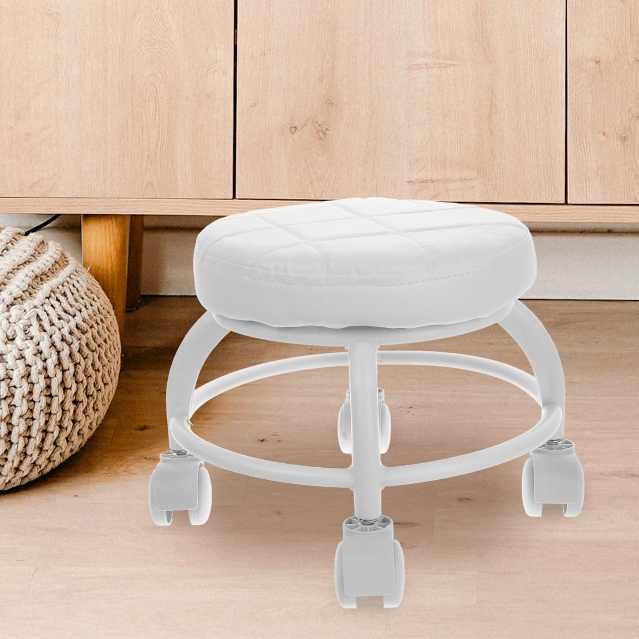 Healeved Rolling Beauty Stool with Swivel Wheels Pu Cushioned Seat Small Round Manicure Stool for Pedicure Spa Massage Salon Chair 10.24X13.39X10.24 Inches