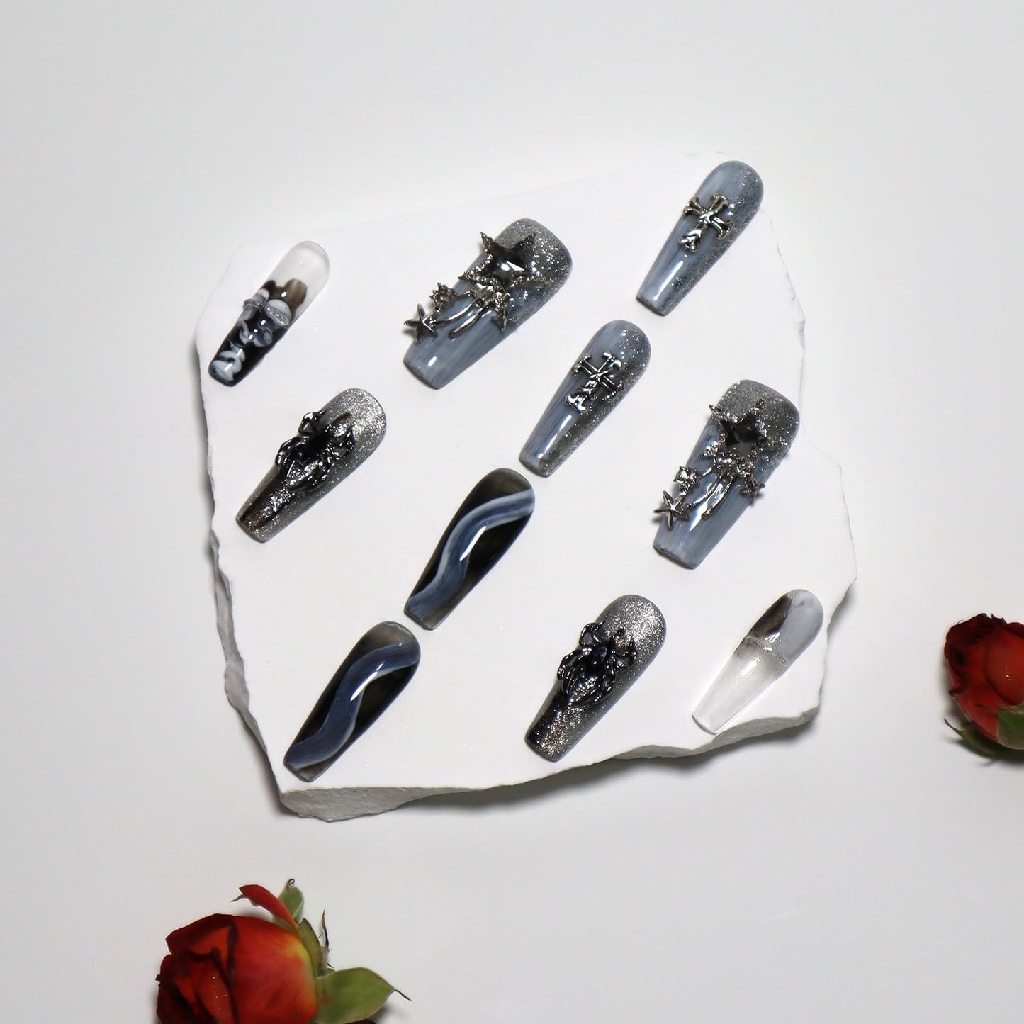 Blue Almond Press-On Nails - 10 PCS Handmade Acrylic Fake Nails for Women