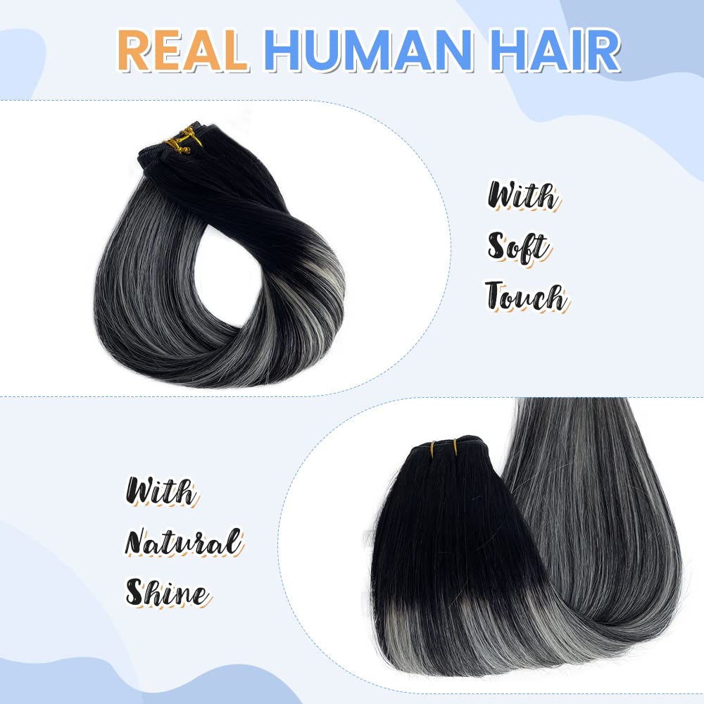 Silver Sew in Hair Extensions 14 Inch 80Gram Weft Hair Extensions Balayage Human Hair Extensions Hair Wefts Color #1B/Silver/1B Off Black Mixed with Silver Remy Straight Hair Weave Bundles Real Hair