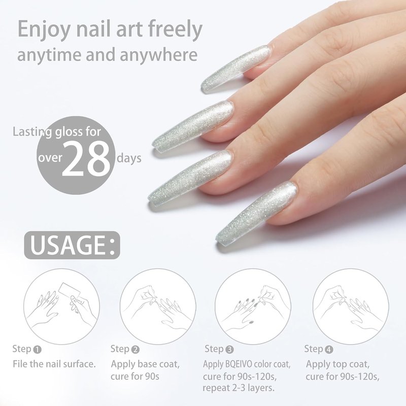 BQEIVO Stardust Silver Gel Nail Polish 12 ml with lasting shine and twinkling allure of rhinestones Cured with UV lamp Ideal for at-home manicure and nail art