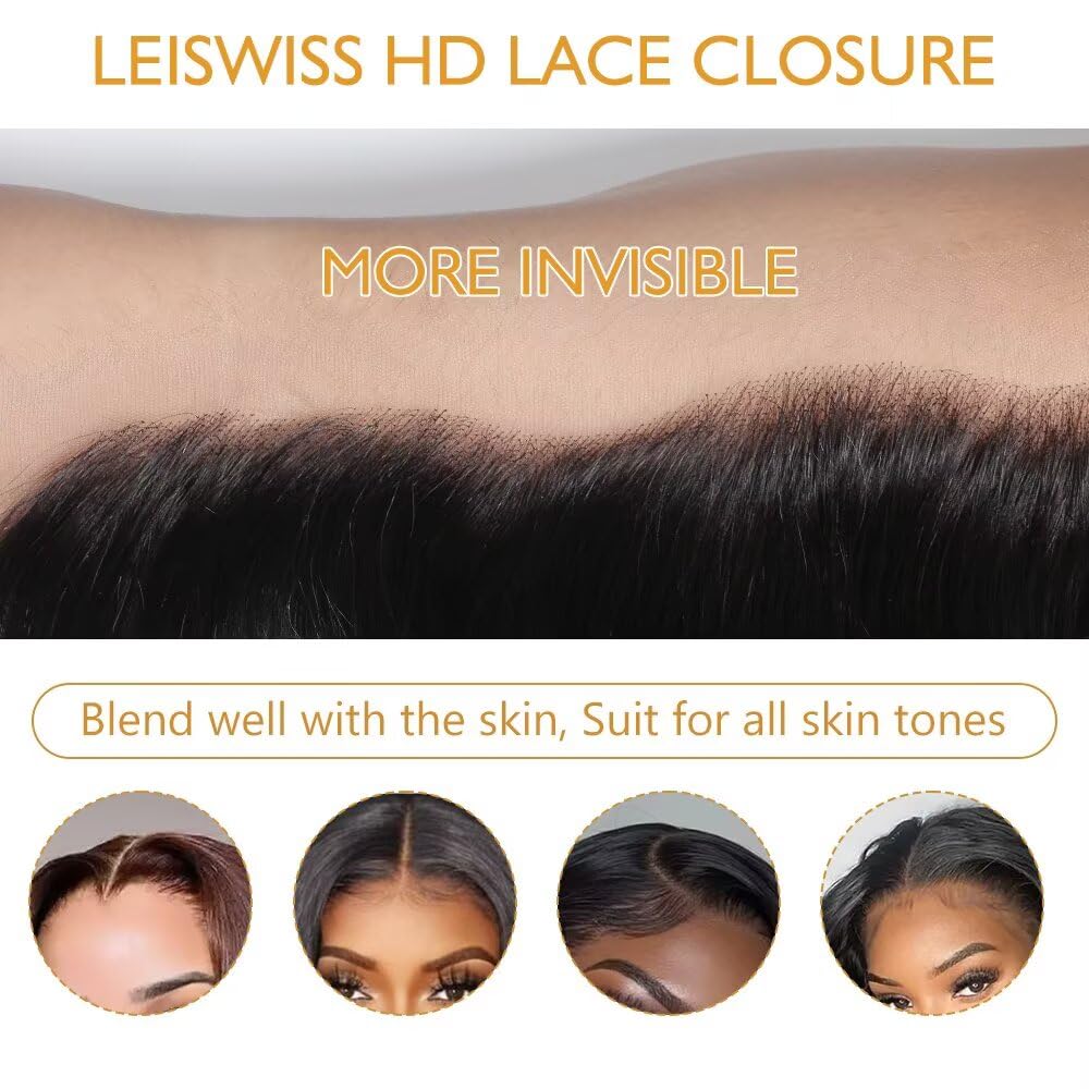 LEISWISS 2x6 HD Lace Closure Body Wave With Raw Human Hair HD Lace 0.10 mm Invisible Ultra-Thin HD Lace Single Knot Pre-Plucked Brazilian Raw Human Hair Nature Black 16 Inch
