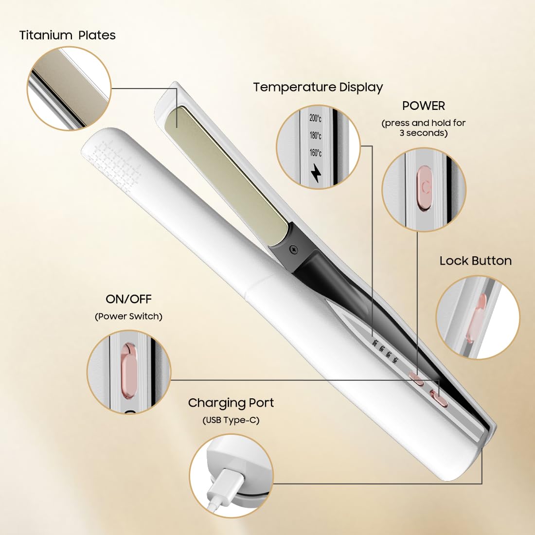Cordless Hair Straightener and Curler 2 in 1, Fast Heating Cordless Flat Iron, Ultra-Light Portable Straightener for On The Go, Anti-Scald Design with USB-C Charging& Negative Ion (White)