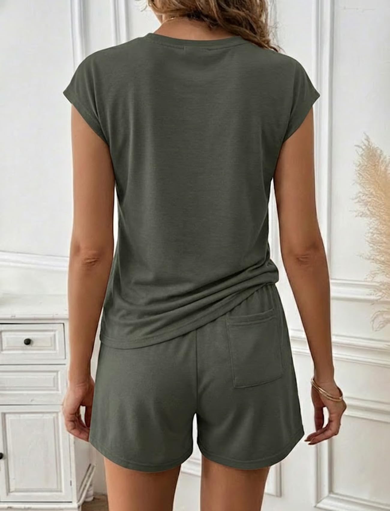 UpSpark Womens Short Sets Crew Neck Cap Sleeve Lounge Set Casual Summer Two Piece Outfit Loose Drawstring Shorts with Pockets